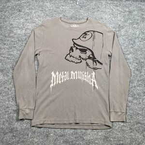 Metal Mulisha Mens Gray Long Sleeve Waffle Knit Thermal Skull Graphic Shirt L